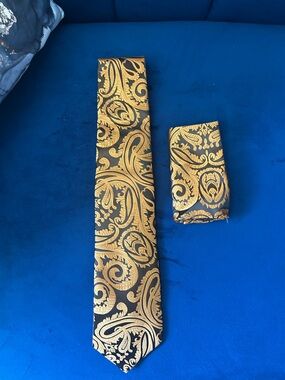 Gold Paisley Tie and Pocket Square Set - Men Accessories